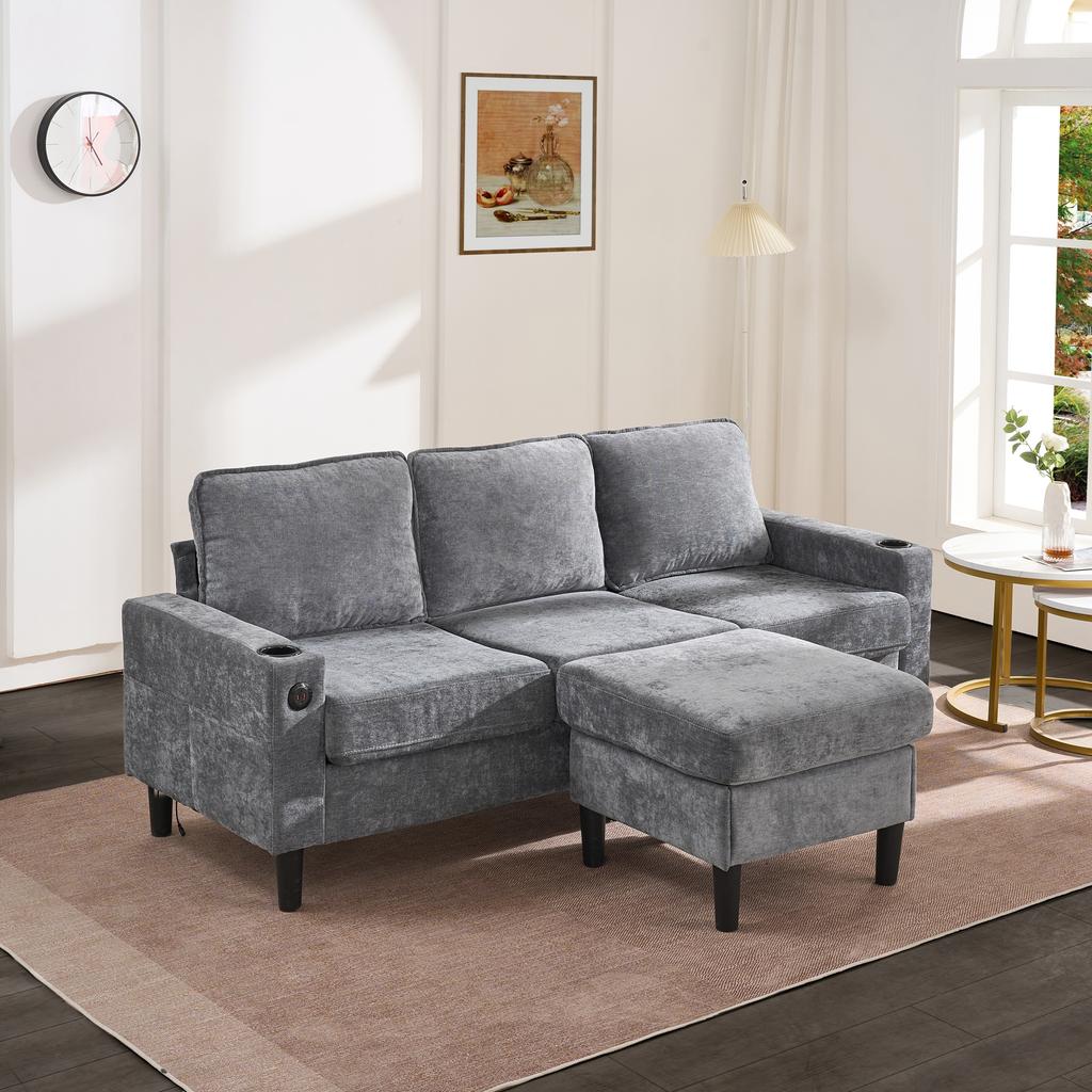 Upholstered sofa with USB and Type-C ports, 3-seater with two cup holders for living room, lounge and bedroom – L-shaped sofa bed, Grey, Linen