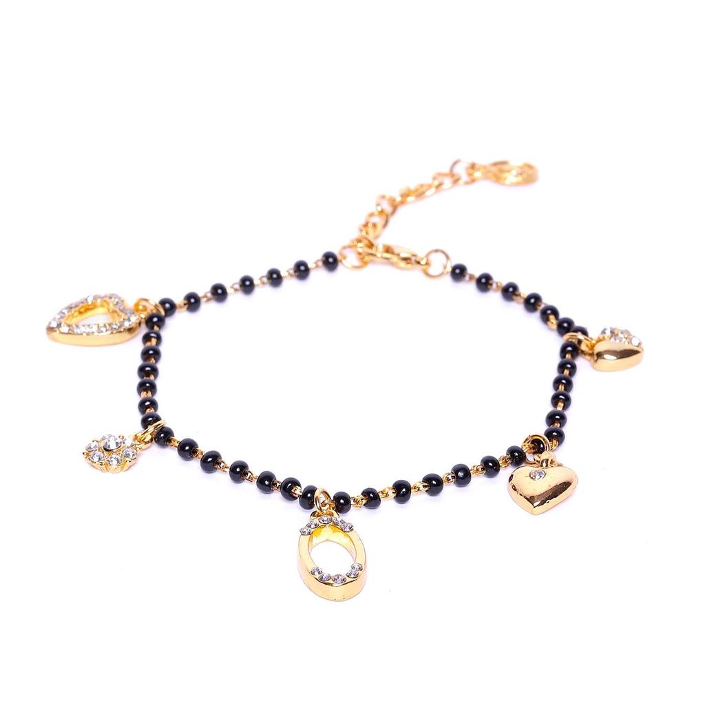 Women's Gold Plated Heart Shaped Bracelet with Black Beads and Austrian Crystals Estele