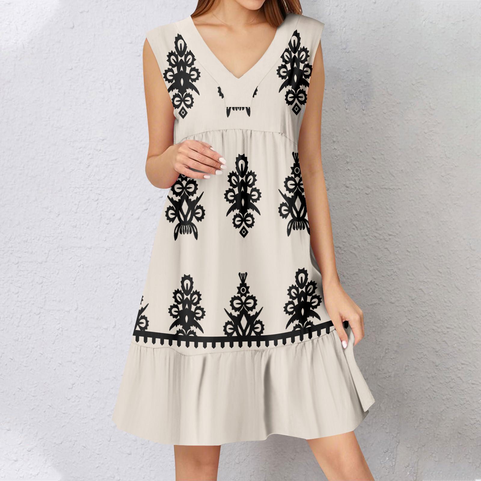 

Womens Summer Dress Sleeveless V Neck Printing Short Dresses Fashion Casual Flowy Boho Ruffle A Line Swing Sundress M бежевий