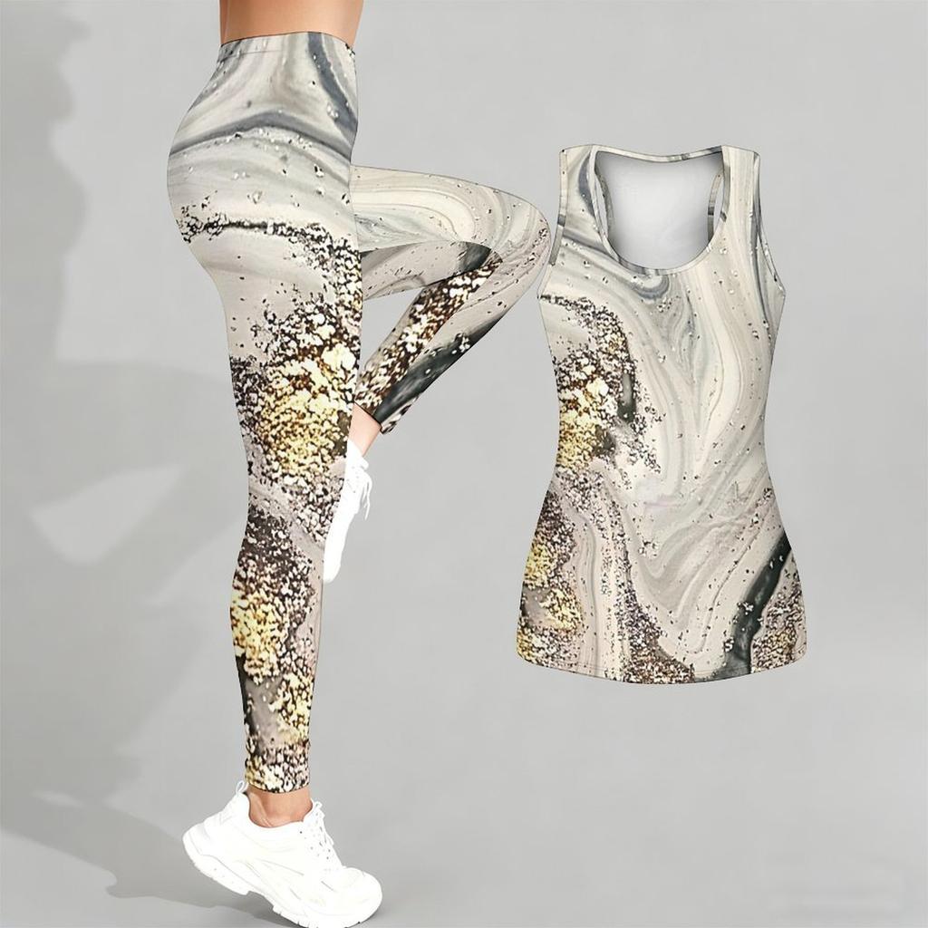 Marble Veining Printed Yoga Outfit for Women Fashion Workout Leggings Fitness Sports Casual Yoga Set Sports Suit