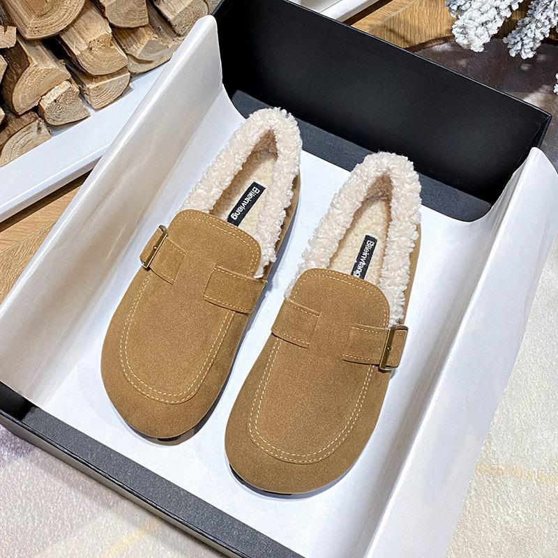 Lässige Lammwoll-Slipper Damen Flats Riemenschuhe Winter Pelzschuhe Damen Baumwoll-Mokassins Warme Schlupfstiefel aus Schafsfell
