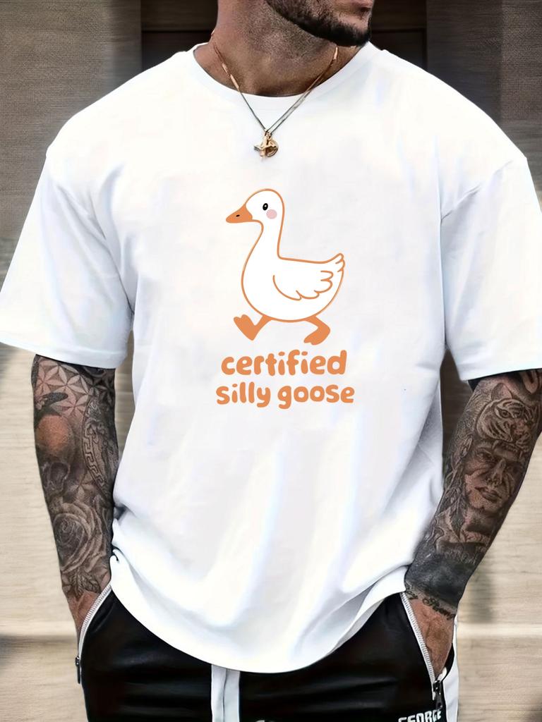 Mens Casual Tshirt Silly Goose Print Short Sleeve Round Neck Breathable Soft Oversized Fun Daily Wear Tee