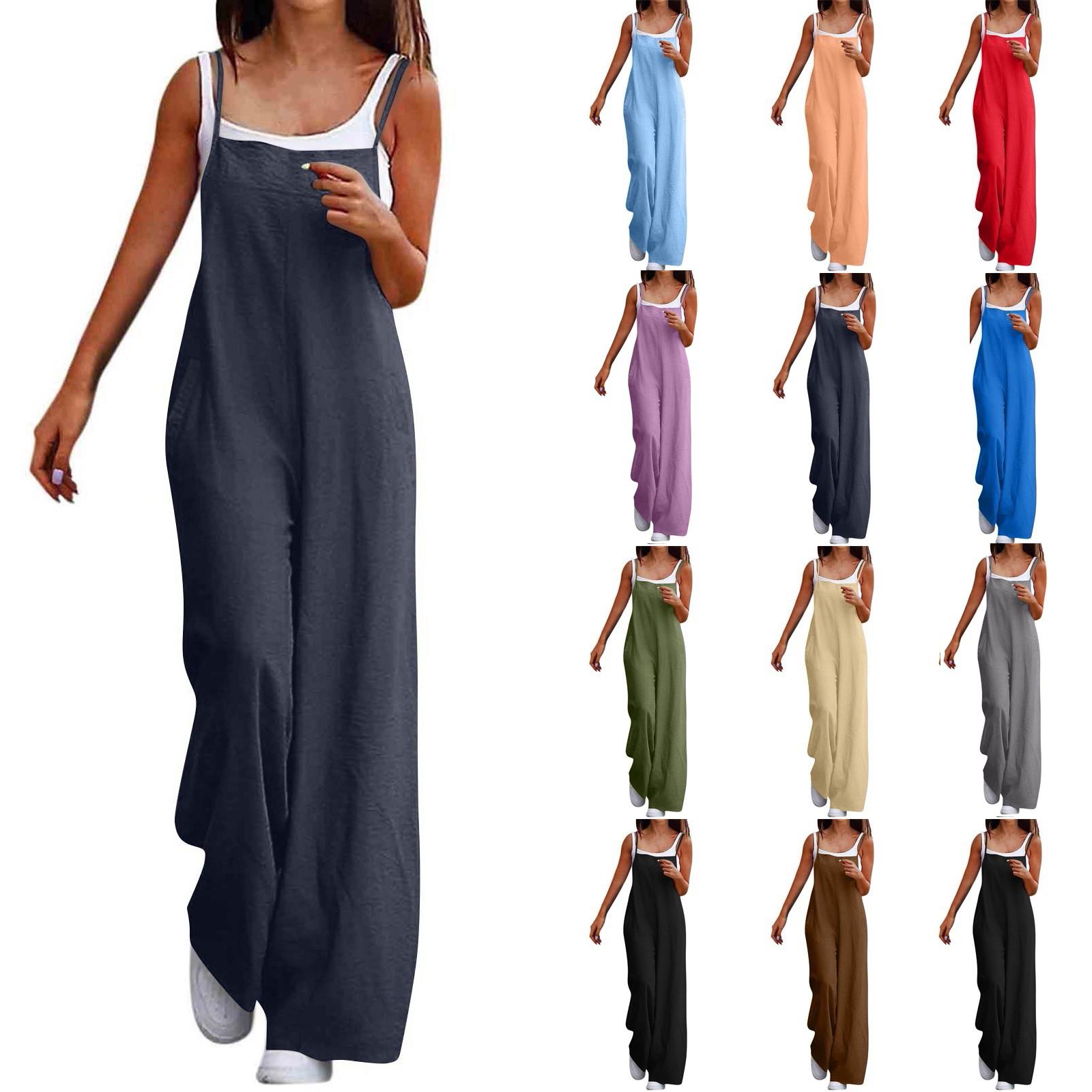 

Women s Fashion Casual Cotton And Linen Adjustable Suspender Jumpsuit Pants Solid Color Leg Split Jumpsuit S