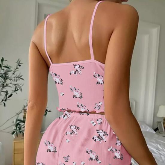 Damen-Pyjama-Set Gerippt Floral Rüschen 2-teilig Nachtwäsche Crop Cami Top und Shorts Weiche Pyjamas Loungewear Set