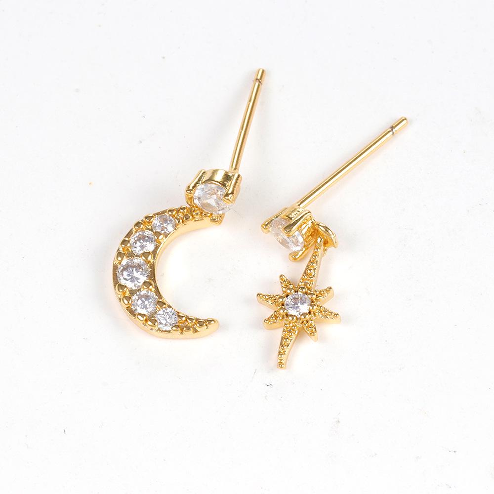 18K Gold-Plated Zircon Stud Earrings: Asymmetrical Star & Moon Design with S925 Silver Needle