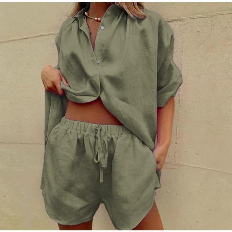 Summer Women Fashion Two Piece Set Casual Loose Button Tops with Drawstring Shorts Solid Color Home Suits Short Sleeve Outfit