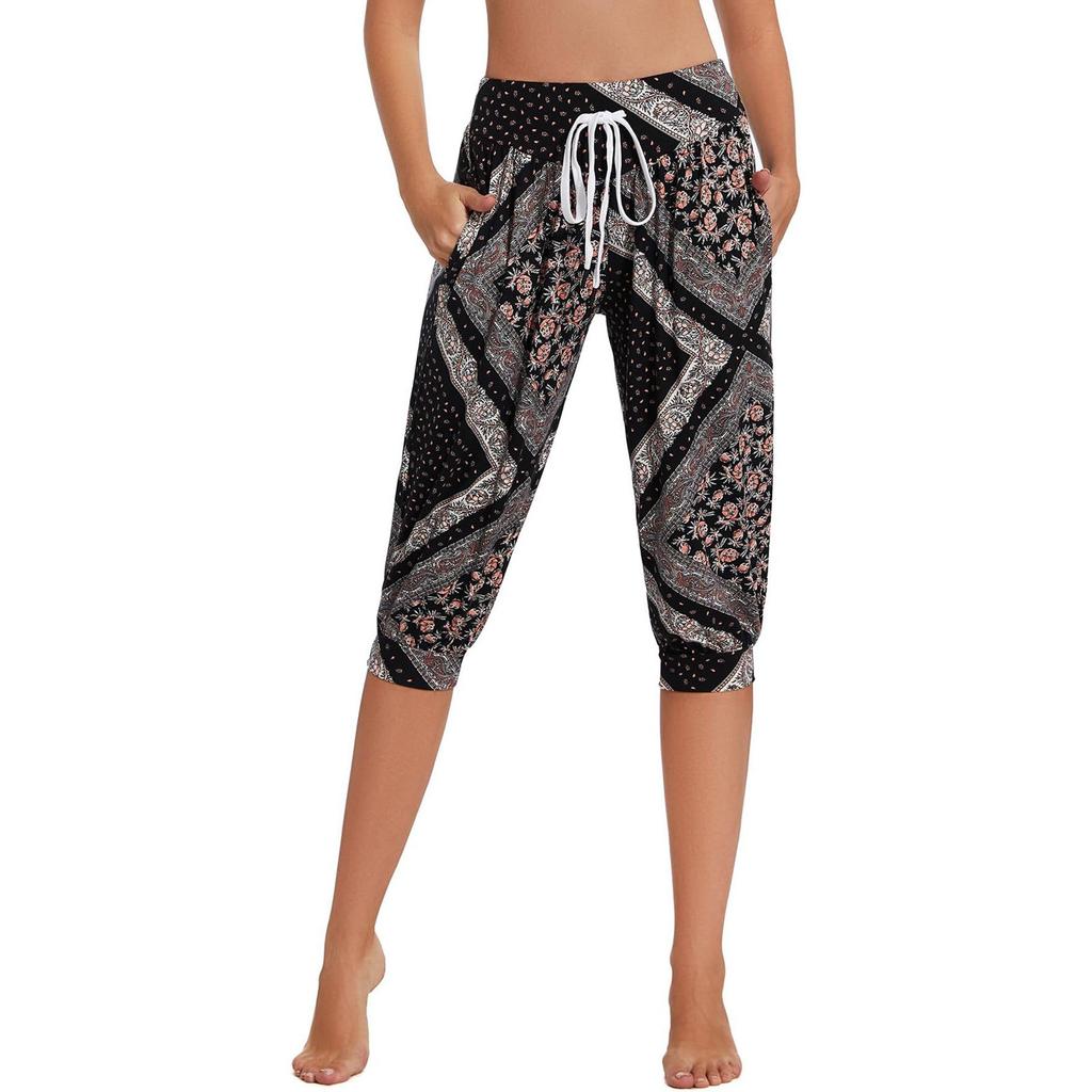 Damen Sommer Locker Retro Bedruckt Siebenhosen Jogginghose Yoga Home Jogginghose Mit Taschen