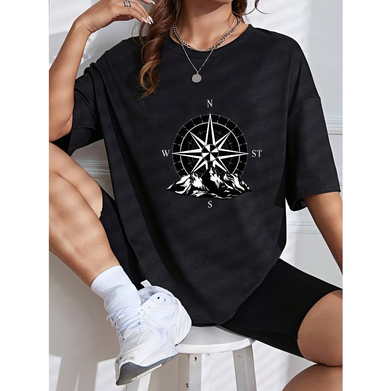 Damen Kurzarm T-Shirt Weiß Kompass- und Bergdruck Lässig Outdoor-Bekleidung