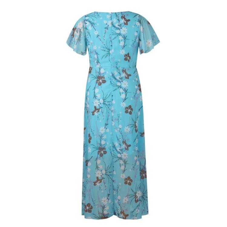 Dame Blomstret Chiffon Swingkjole Lang Kappe V-hals Kort Erme Midje Flytende Sommerkjole Mote
