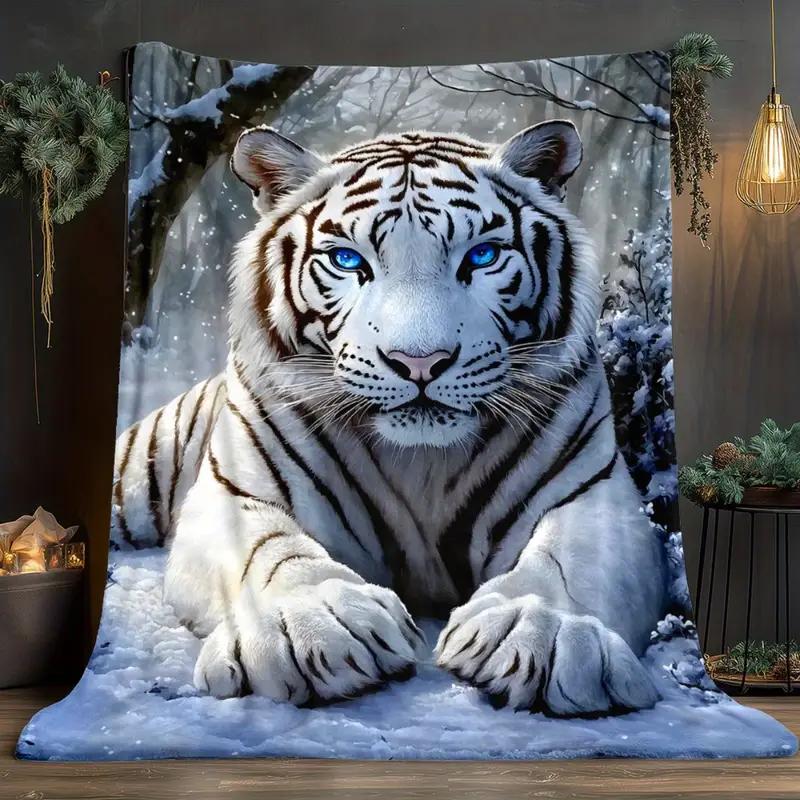 White tiger in the snow pattern flannel blanket, suitable for sofa, bed, office, travel, camping, Christmas gift, decoration