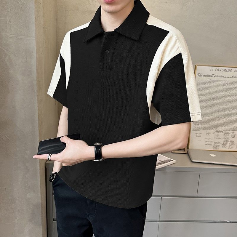 

Мужская одежда Летняя мода Контрастный цвет Пэчворк Дышащая футболка поло Мужская Простая Повседневная С коротким рукавом Свободные Хлопковые топы XXXL чёрный