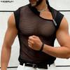 Men Cutout Neck Sleeveless Mesh See Through Stitching Tank Tops