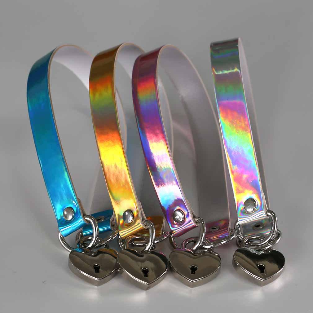 Laser Glow Heart Lock Choker, Punk Luminous Concentric Heart Lock Neckband