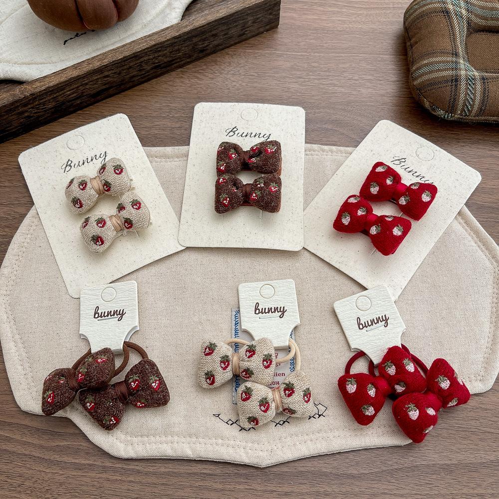 Strawberry Embroidery Bow Hairpin Hairclips Cute Hair Rope Tie Scrunchies Rubber Band Elastic Hair Band Girls Hair Accessories