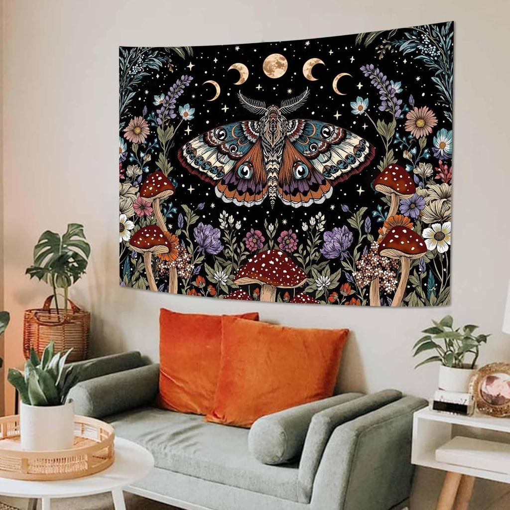 Hippie Witchy Moth Tapestry, Moon Mushroom Aesthetic Floral Wall Art, Mystic Moon Phase Decor For Living Room Bedroom Home