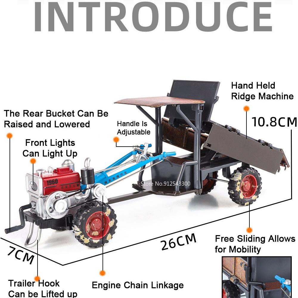 1:24 Agricultural Walking Tractor Toy Model Sound Light Alloy Diecast Retro Variable Engineering Vehicles Collection Gifts