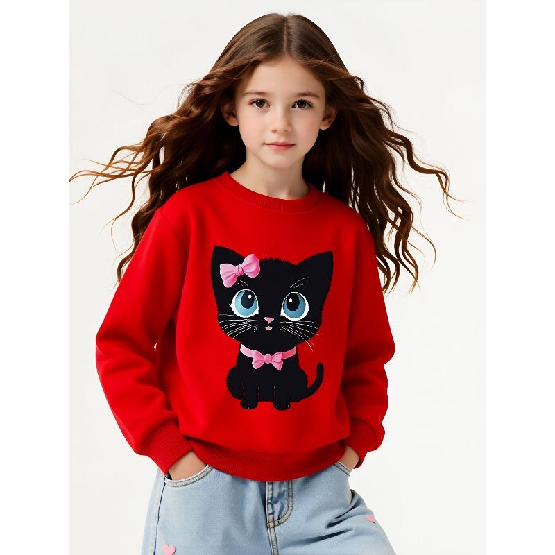 Kids Sweatshirt,Crew Neck Fashion Top, Fun"Cute Black Cat with Pink Bow " Patterned Sweatshirt,for Everyday Casual Wear,for All Kinds of Daily Outfits