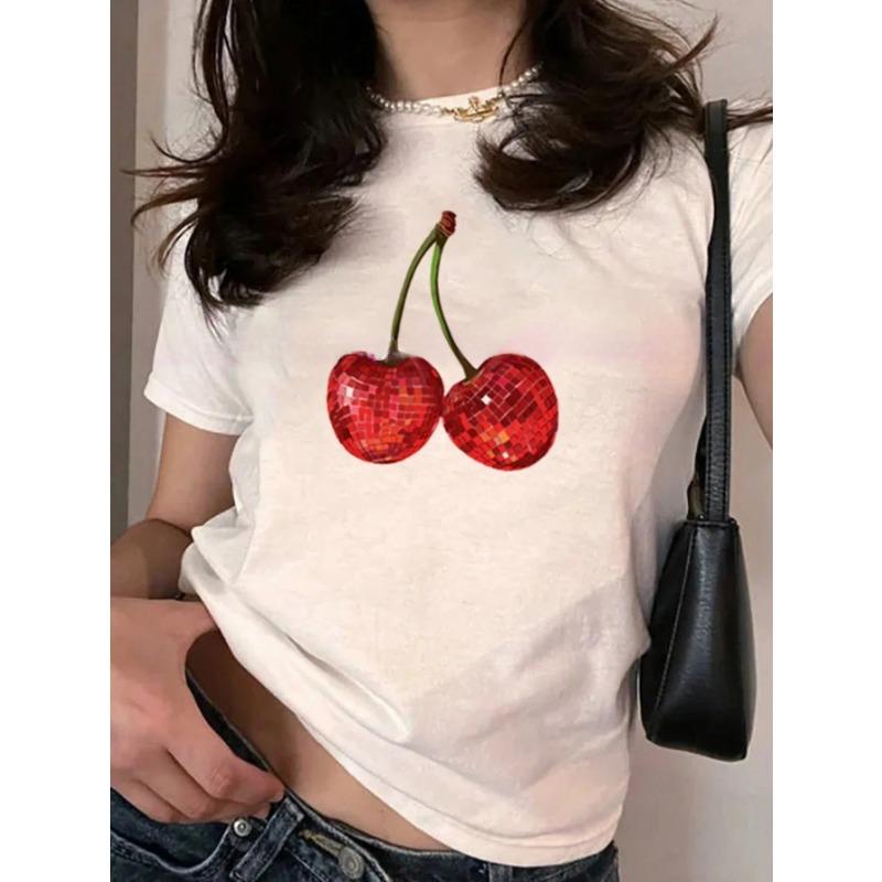 

Летний топ с круглым вырезом и 3D-принтом красной вишни, модная повседневная женская футболка с коротким рукавом 6XL