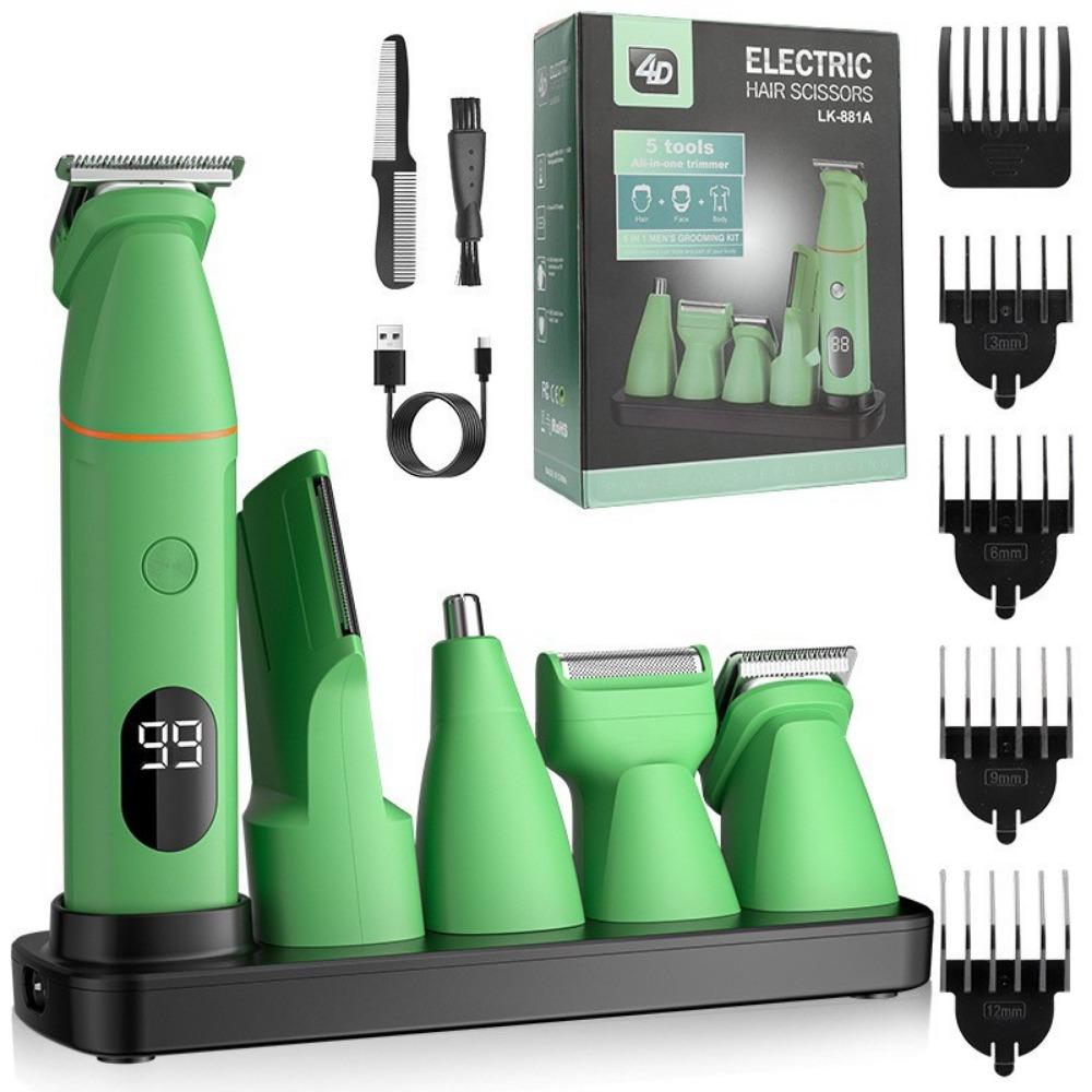 Men's 5-in-1 Professional Electric Hair Trimmer LCD Hair Clipper Shaver Rechargeable Body and Nose Hair Trimmer Set