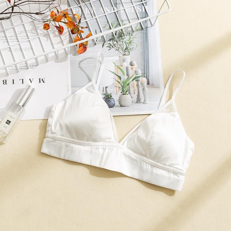 French silk rimless bra, glossy satin mulberry silk underwear, thin, sexy, chest pads, no bumps. S