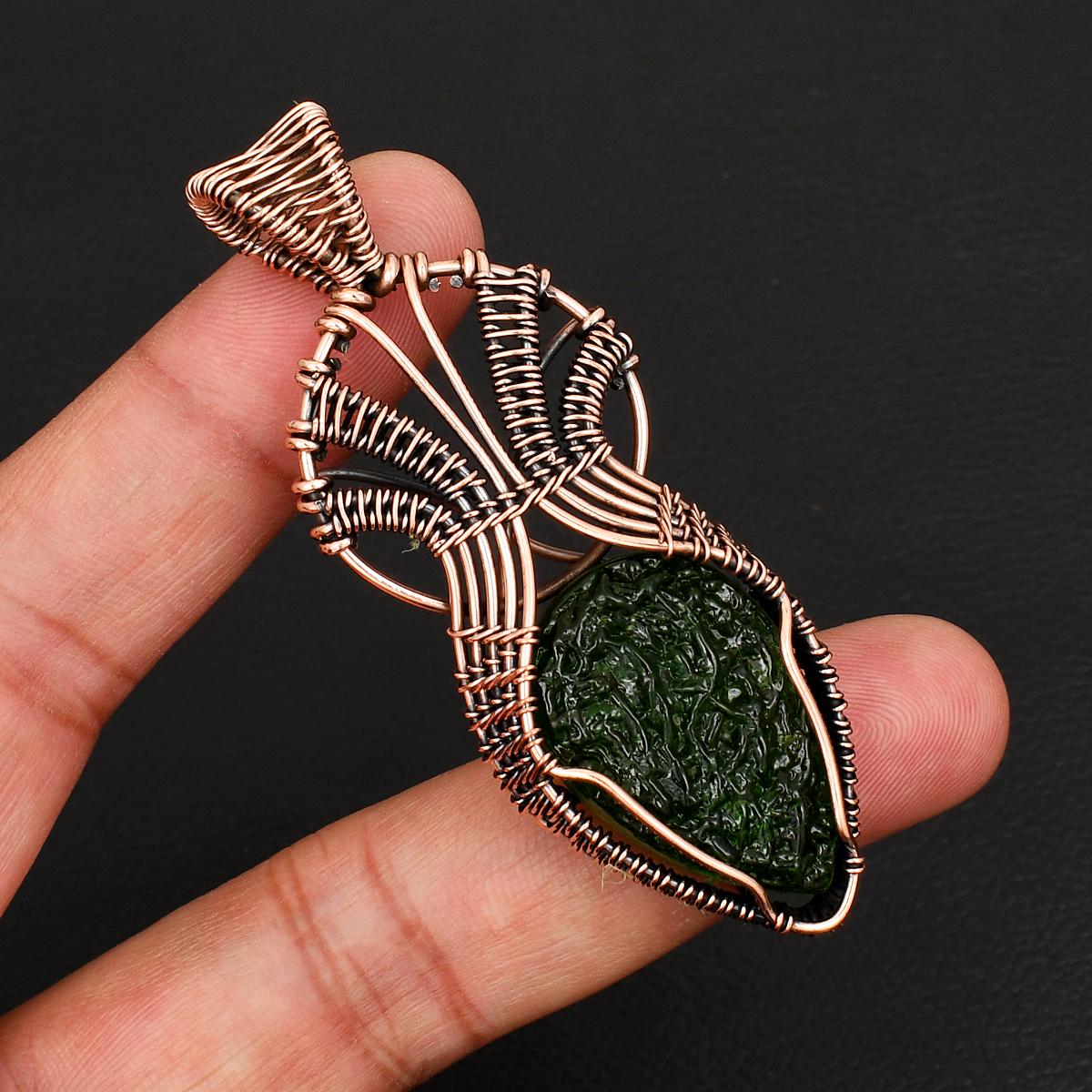

Handmade Wire Wrapped Copper Pendant with Green Moldavite Stone Teardrop Healing Crystal Necklace for Men & Women