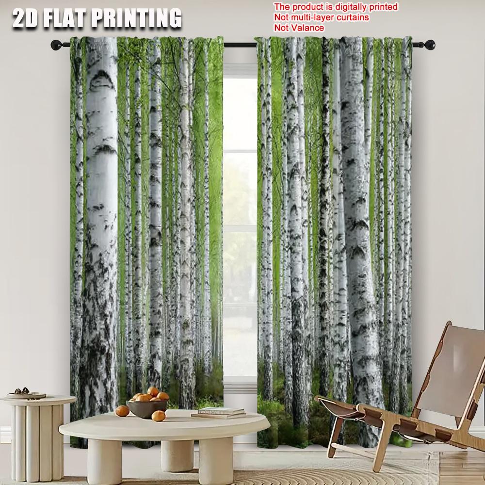 2pcs 2D flat printing Curtain Birch Trees Forest Durable 100% Polyester Fabric  Without Electricity Spring Party & Holiday Decor