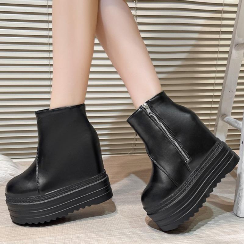 Fashion Fashion Inside Heightened Wedge Heel Booties Fall/Winter New Round Toe Spliced Side Zipper Platform Non-Slip Single Shoes