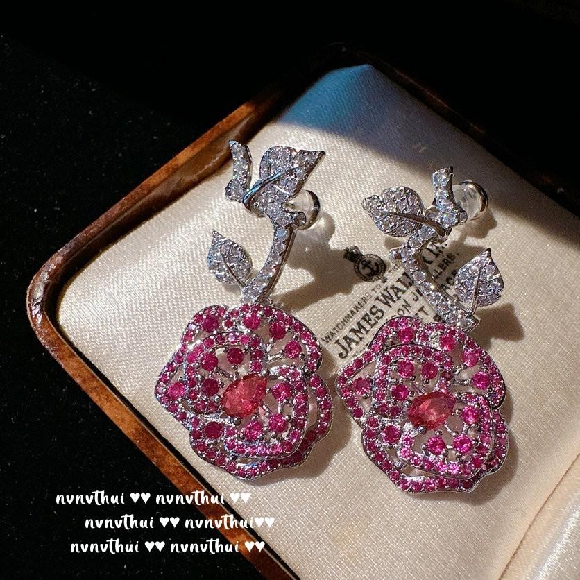 Rouge Magenta Rose Gemstone, Necklace, Antique, Plated With 18K Gold, Vintage Flower Para Zircon, Earrings.
