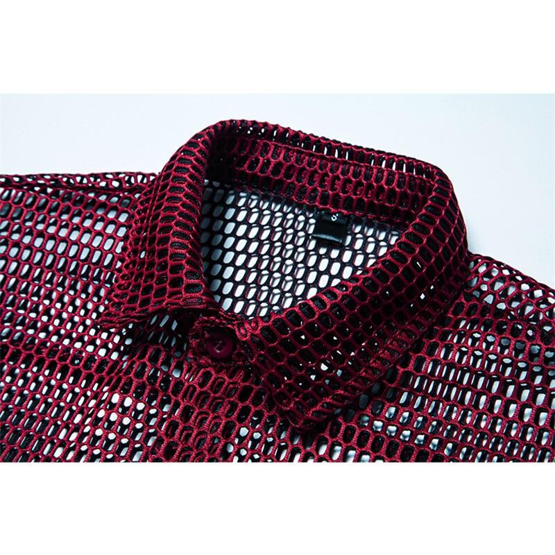 New Fashion Hollowed Out Design Men's Long Sleeve Shirt Personality Performance Shirts Male Nightclub Dance Perspective Shirt