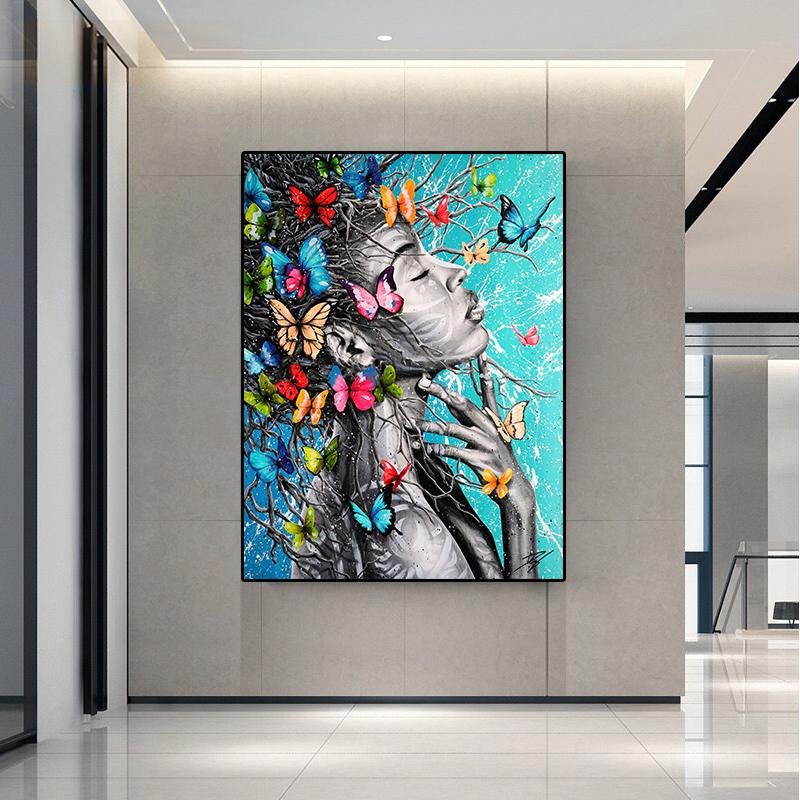 African Black Women Butterfly Graffiti Art Oil Painting Abstract Poster Printing Living Room Wall Art Picture