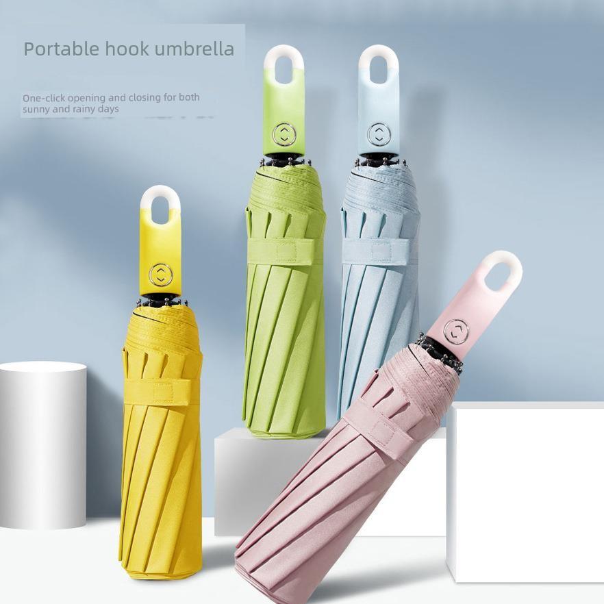 Automatic Folding Umbrella with Sun Protection and Uv Protection, Black Coating, Black Rubber Cord, Model Hy624011
