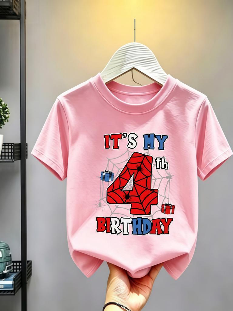 1-10 Years Birthday Spiderweb Gift Hero Print Cotton Short-Sleeve T-Shirt, Suitable for Boys and Girls Daily Wear