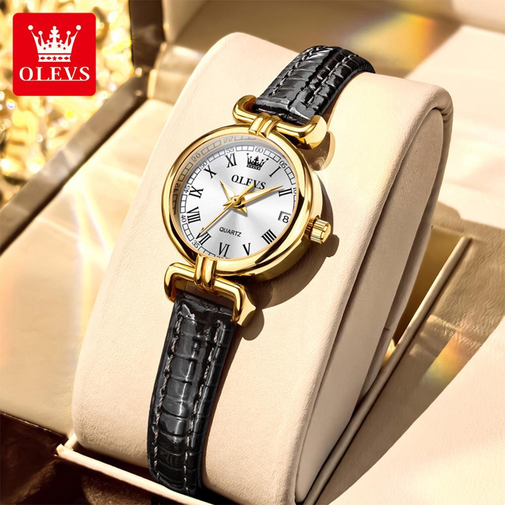 OLEVS Luxury Original Woman Round Watch Brown Small Leather Strap 3ATM Waterproof Date Elegant Quartz Ladies Wristwatch