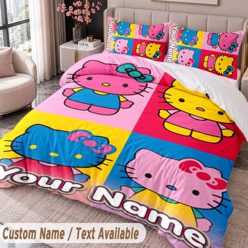Custom Name Text 3Pcs Bedding Set Hello Kitty Duvet Cover And Two Pillowcases