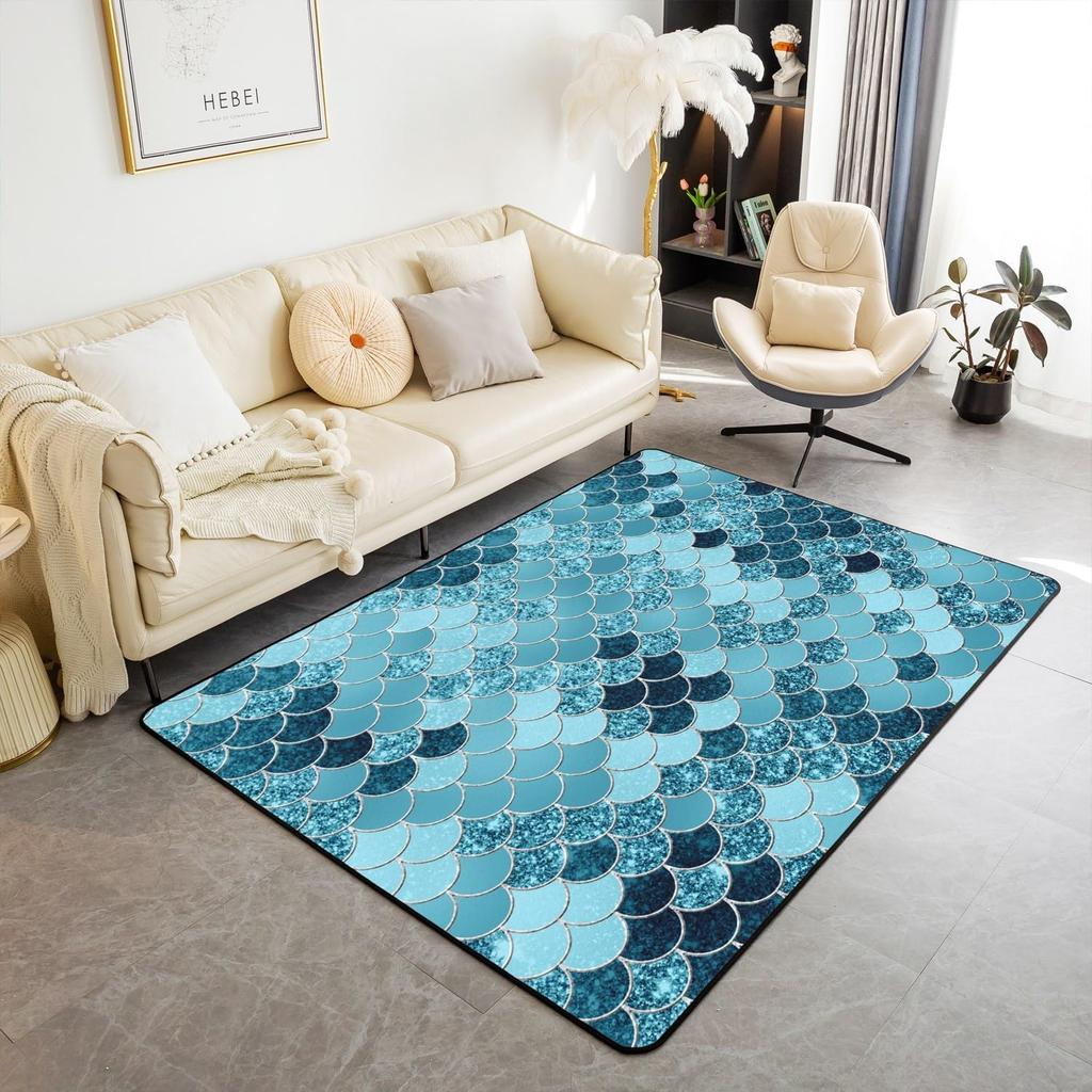 Koberec s potiskem mořských šupin Barevný Zábavný Potisk rybích šupin Koberec do obývacího pokoje Oceánský motiv Vnitřní podlahová rohožka Třpytivá Dekorativní rohožka