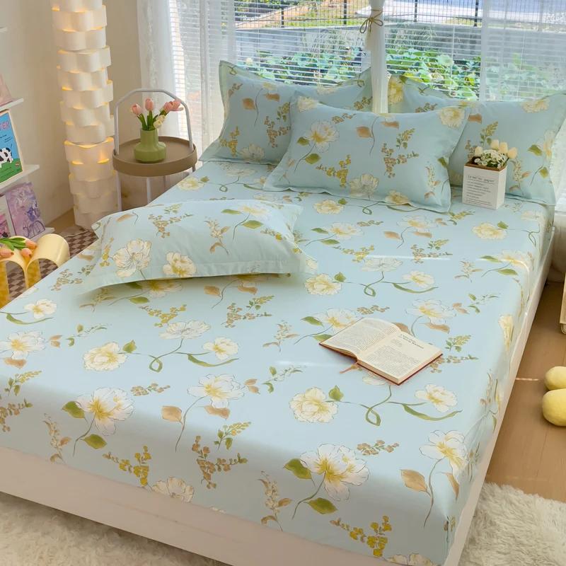 100%Cotton Bed Sheets Flower Printed Fitted Sheets for Bed Sábanas Para camaQueen/King Bed Sheet Cotton(without Pillowcase)