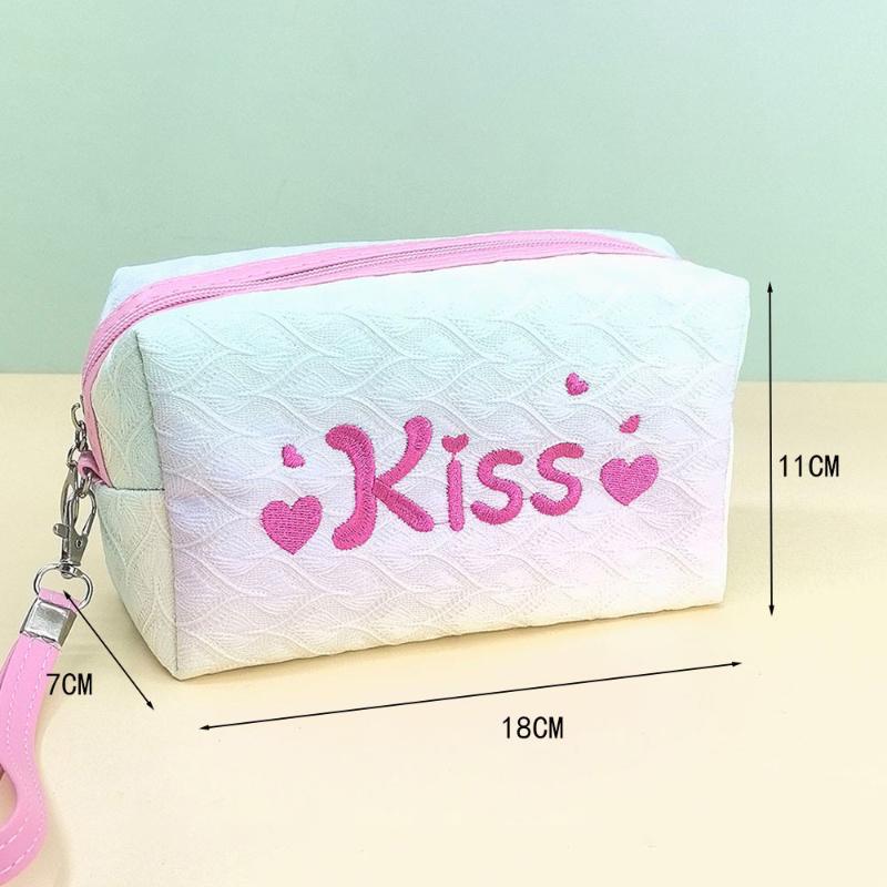 Fashion Embroidered Kiss Letter Makeup Bag Ins Style Gradient Color Storage Bags Large Capacity Toiletry Bags For Women Gifts