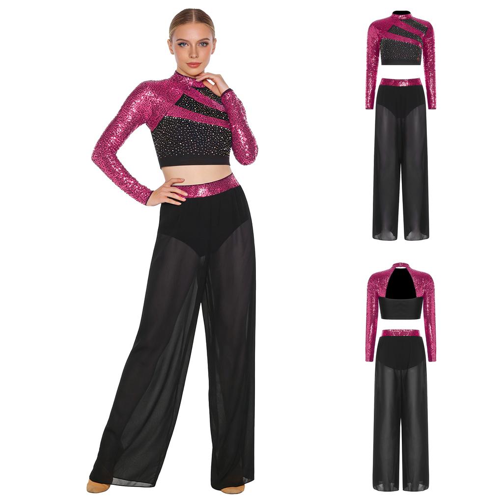 S-XXL Women Two-Piece Lyrical Dance Outfit Mock Neck Long Sleeve Cutout Back Sequins Rhinestones Crop Top with Side Split Sheer Chiffon Pants