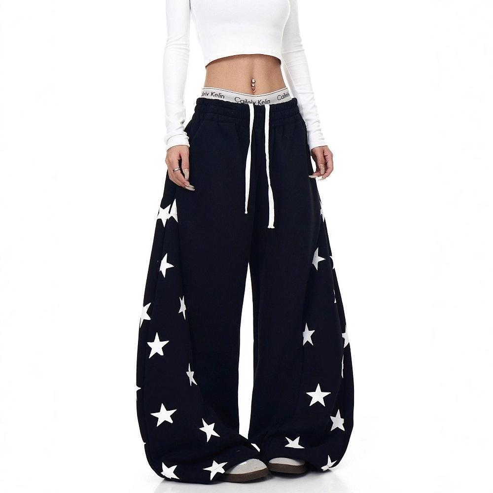 Korean retro contrasting color star printing scimitar sweatpants women's spring and autumn new jazz dance loose wide-leg long pants tide