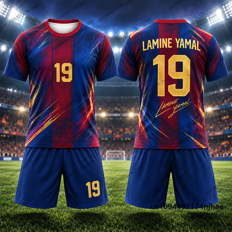 Tuta da Ginnastica per Bambini Spagna Tifosi Yamal #19 Stampa Maglietta+Pantaloncini Set Tuta Sportiva Calcio Allenamento Bambini/Adulti Completi 2 Pezzi