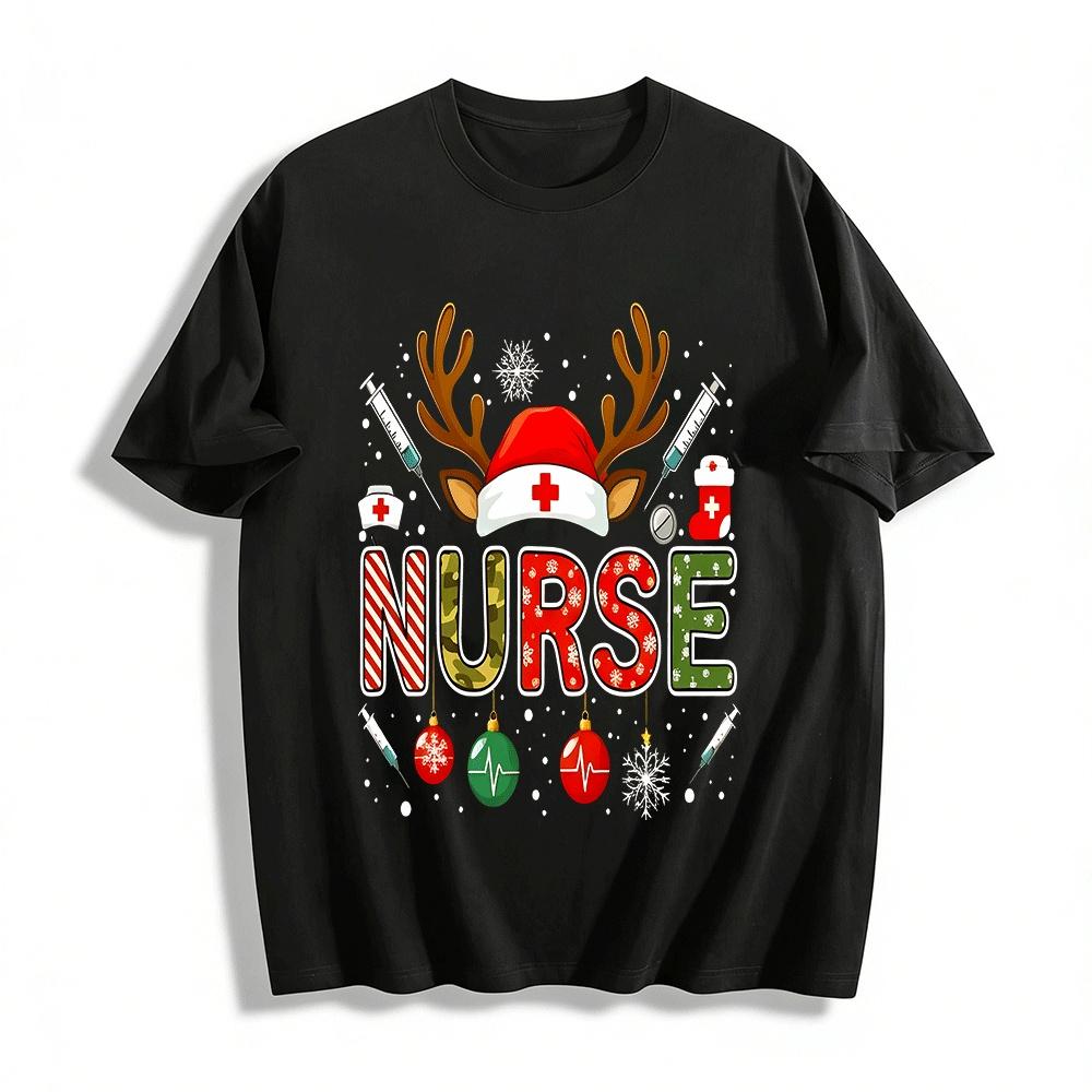

Christmas Nurse Print Top Festive Medical Staff Casual T-Shirt Pure cotton T-shirt XXS