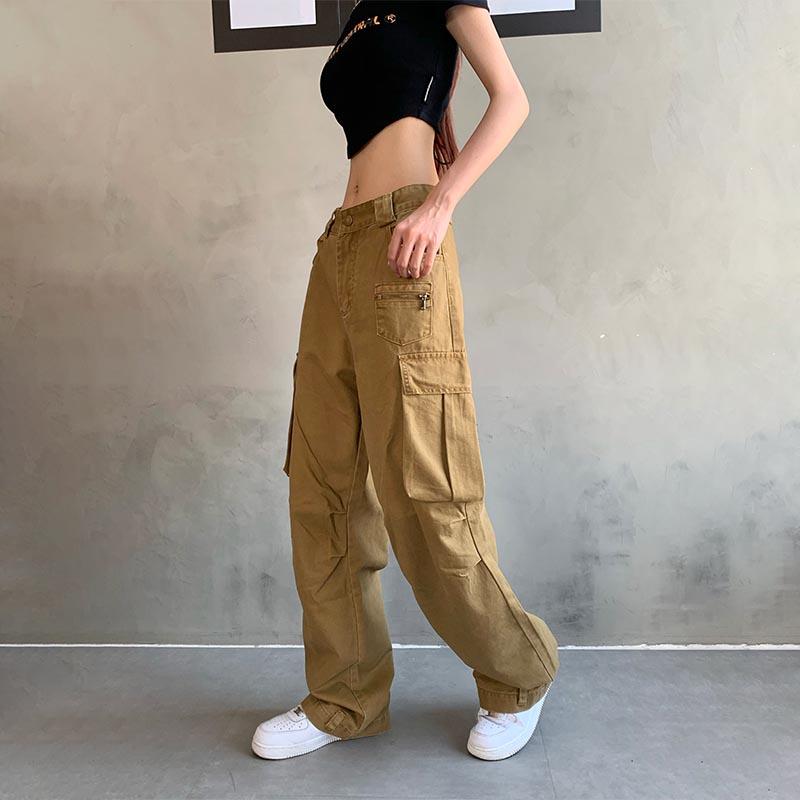 Y2K High Street Denim Cargo Pants Women Gray Big Pocket Slim Female Straight Pants High Waist Vintage Casual Lady Baggy Trousers
