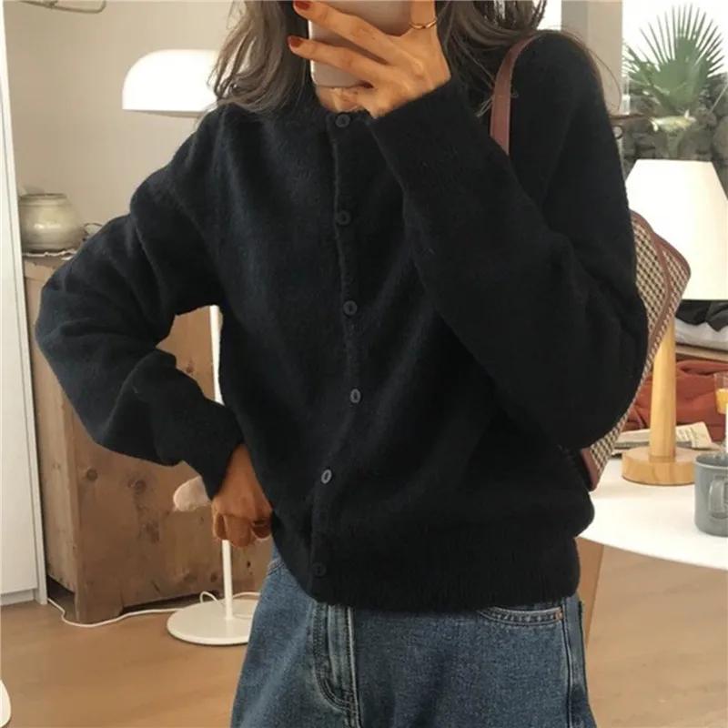 Cardigan lavorato a maglia tinta unita per donna, coreano, monopetto, a maniche lunghe, con scollo rotondo, coordinato, cardigan da donna