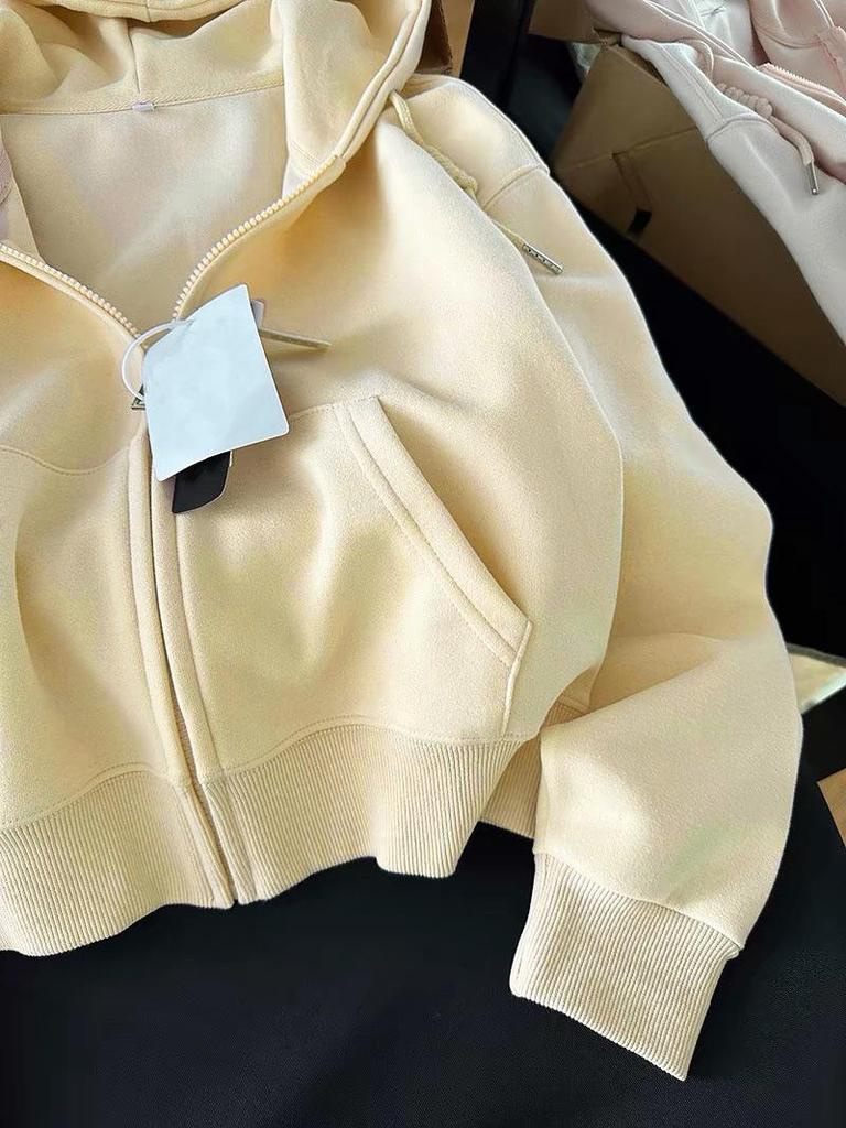 Korean Style Women's Hooded White Sweater Jacket with Zipper Cardigan