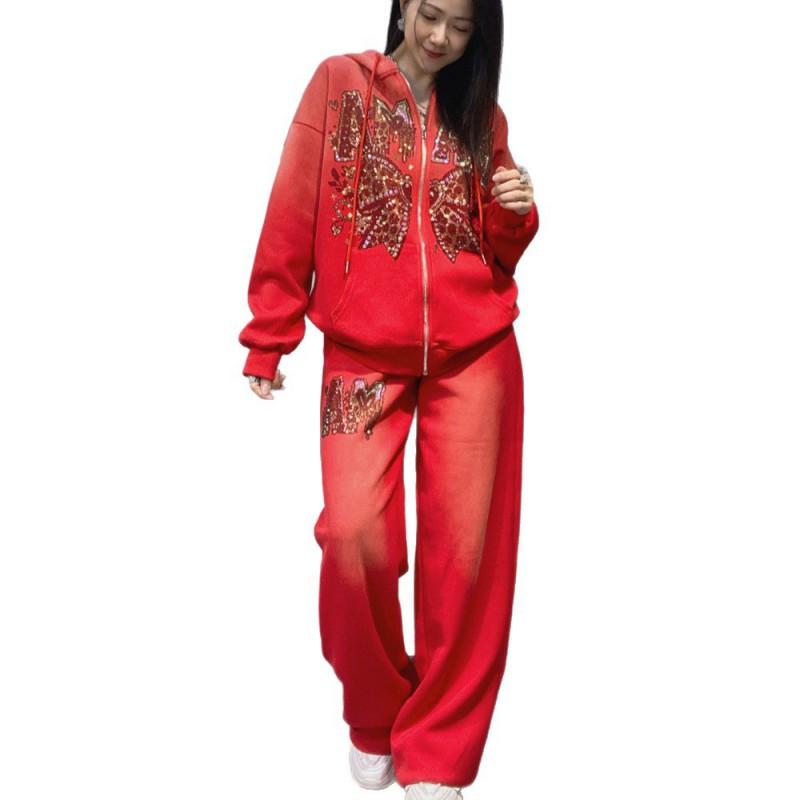 Womens Hooded Tracksuit Set Loose Fit Plus Size Zip-up Cardigan Two-Piece Winter Casual Sportswear With Rhinestones