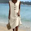 Sleeveless V Neck Midi Dress for Women with Front Pleat and Decorative Button Loose Fit Casual Style