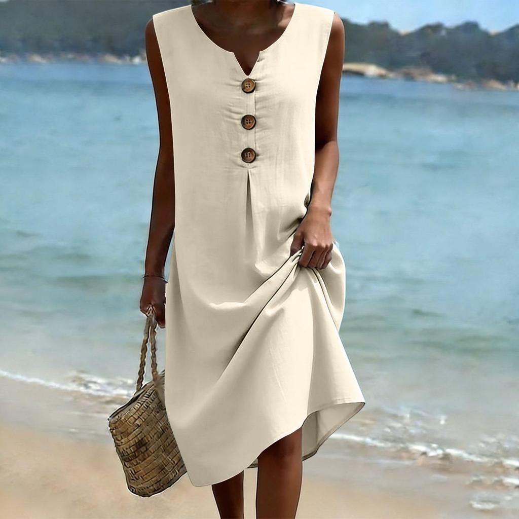 Sleeveless V Neck Midi Dress for Women with Front Pleat and Decorative Button Loose Fit Casual Style