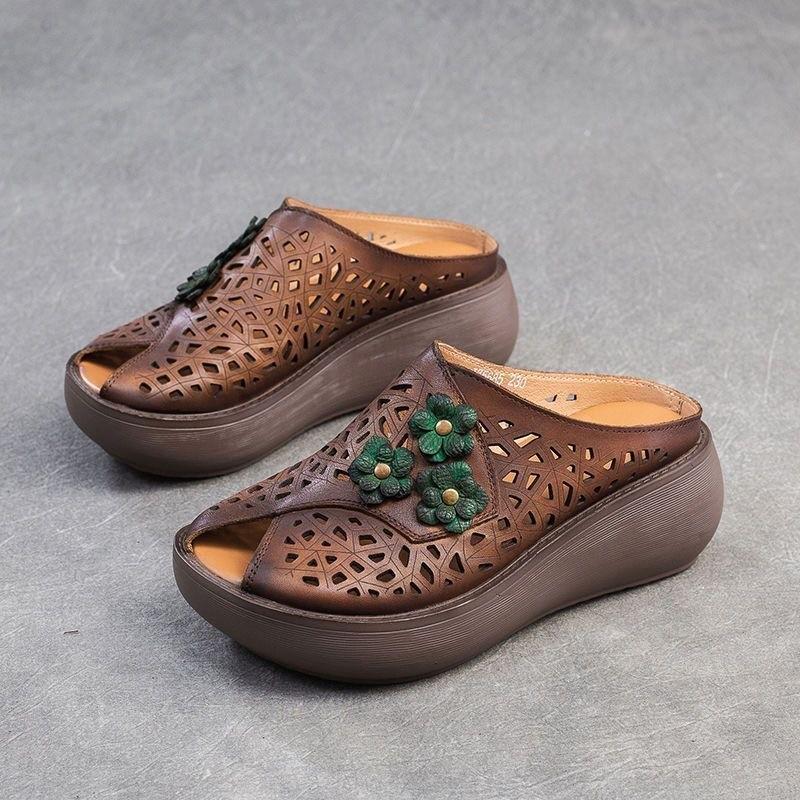 Thick-soled Soft Leather Slippers Women's 2025 New Breathable Summer Fish Mouth Handmade Flowers Retro Ethnic Style Hollow Sandals