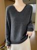 Women's V-Neck Cable Knit 100% Wool Sweater - Autumn Winter Solid Color, Loose Fit, Long Sleeve, Lazy Style, Base Layer.