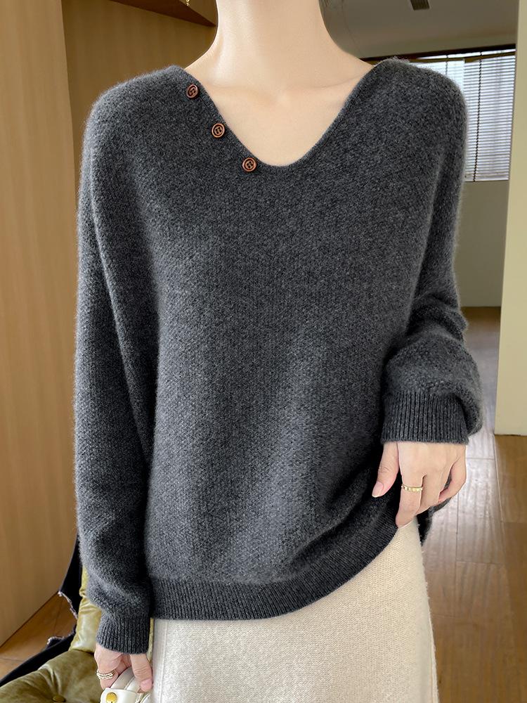 Women's V-Neck Cable Knit 100% Wool Sweater - Autumn Winter Solid Color, Loose Fit, Long Sleeve, Lazy Style, Base Layer.